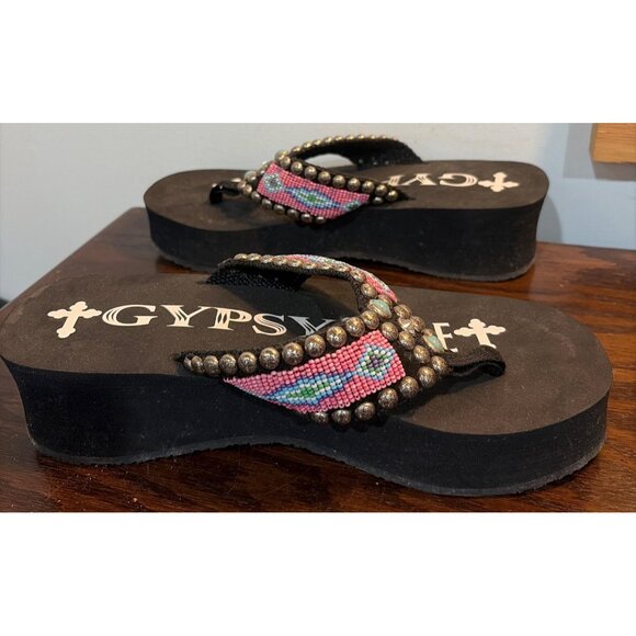 Womens Gypsy Soule Black Wedge Flip Flops Beaded Pink & Turquoise Strap Sz 9 - Picture 7 of 8